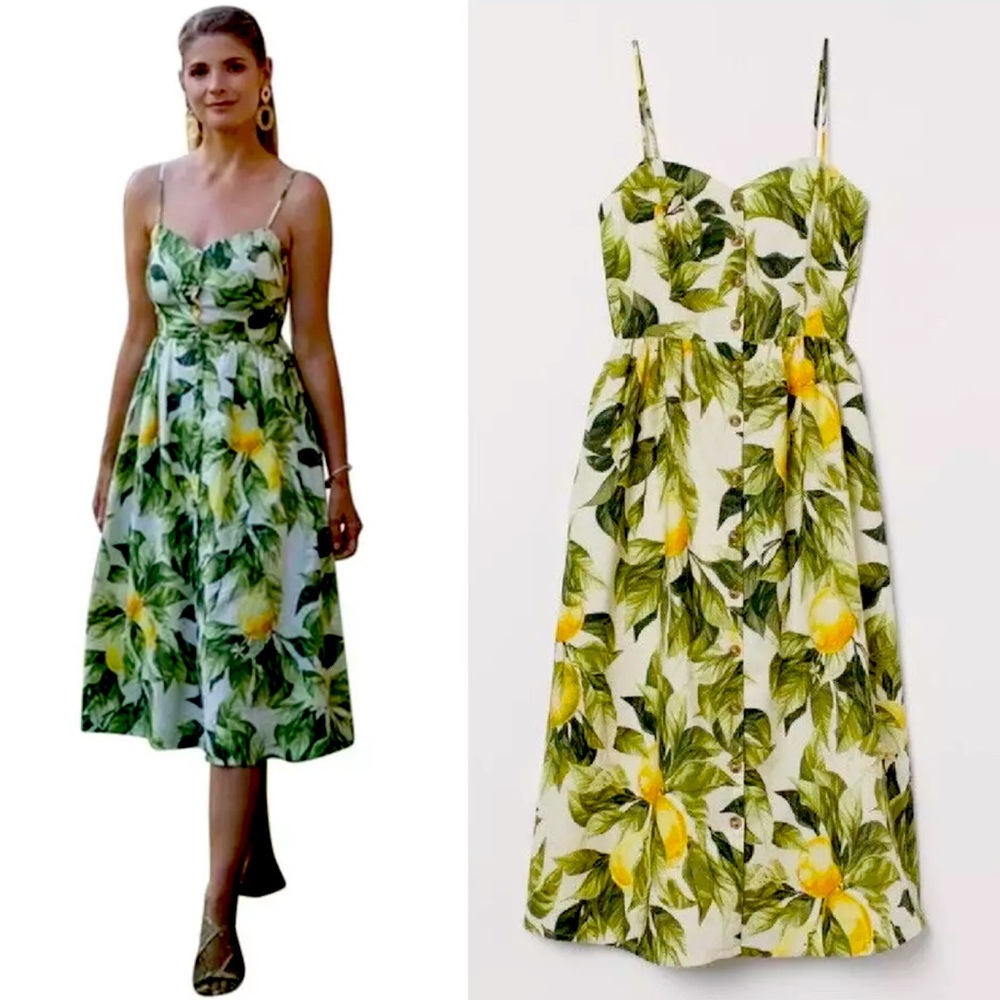 H&M Womens Linen Blend Midi Dress Fit & Flare Smocked Lemons Print Size M